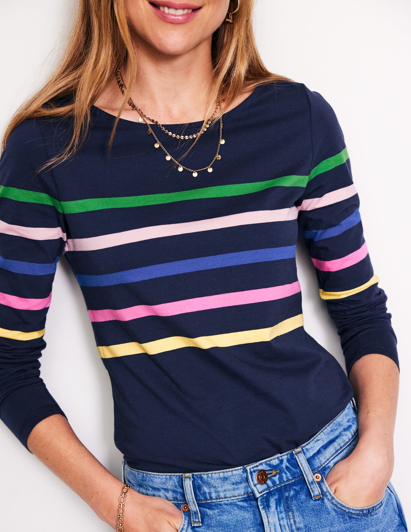 Ella Long Sleeve Breton-French Navy and Rainbow