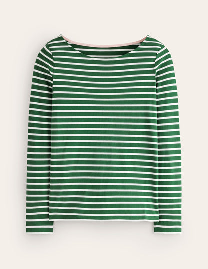 Ella Long Sleeve Breton-Pine, Ivory Stripe