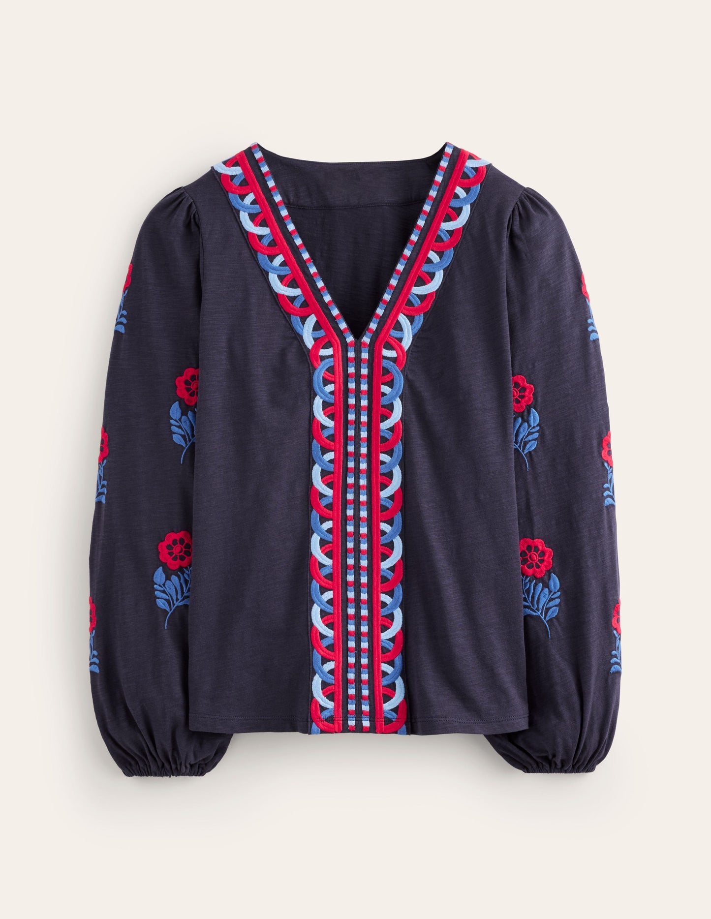 Embroidered V-Neck Top-Navy, Red Embroidery