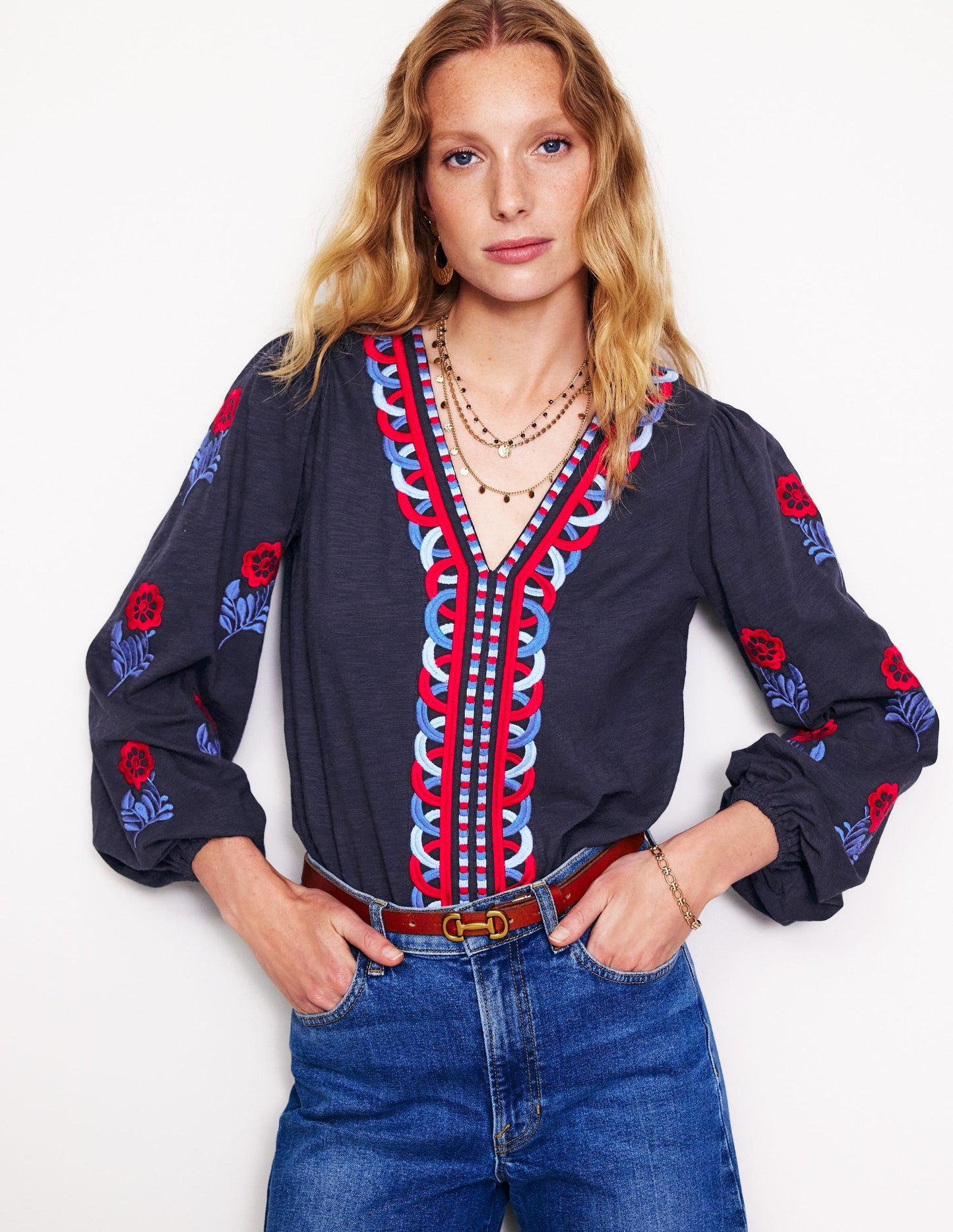 Embroidered V-Neck Top-Navy, Red Embroidery