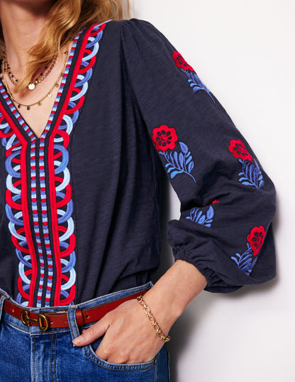 Embroidered V-Neck Top-Navy, Red Embroidery