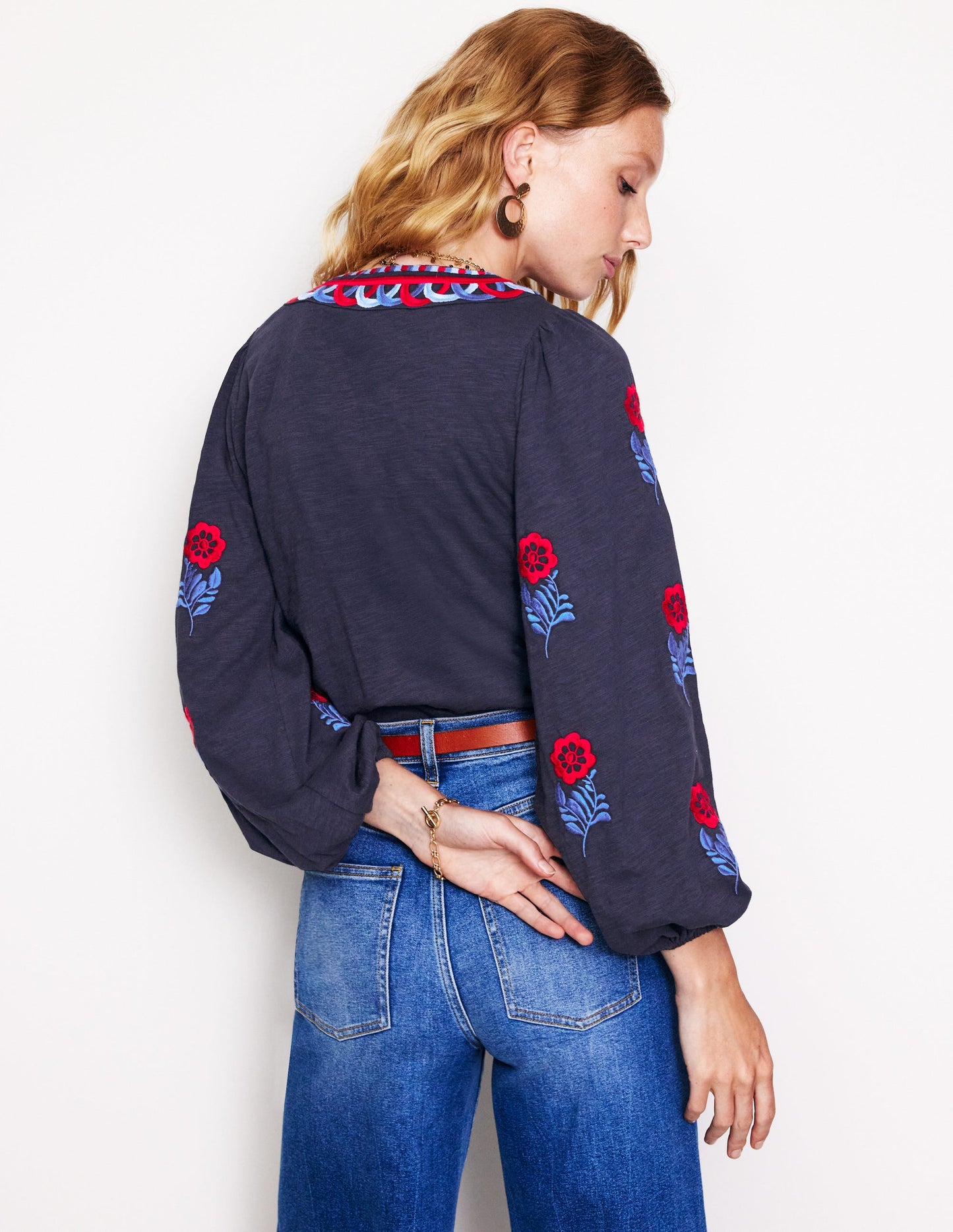 Embroidered V-Neck Top-Navy, Red Embroidery