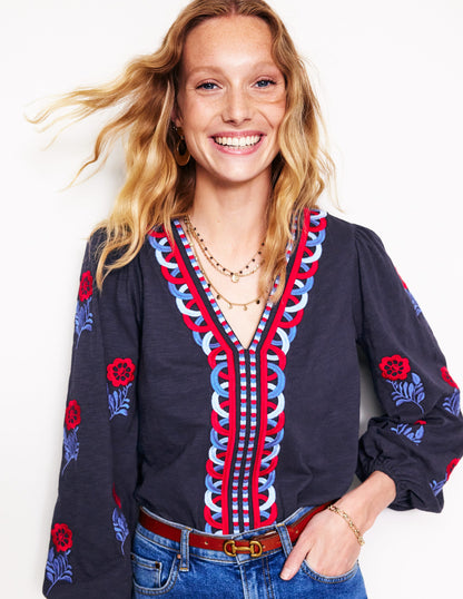 Embroidered V-Neck Top-Navy, Red Embroidery