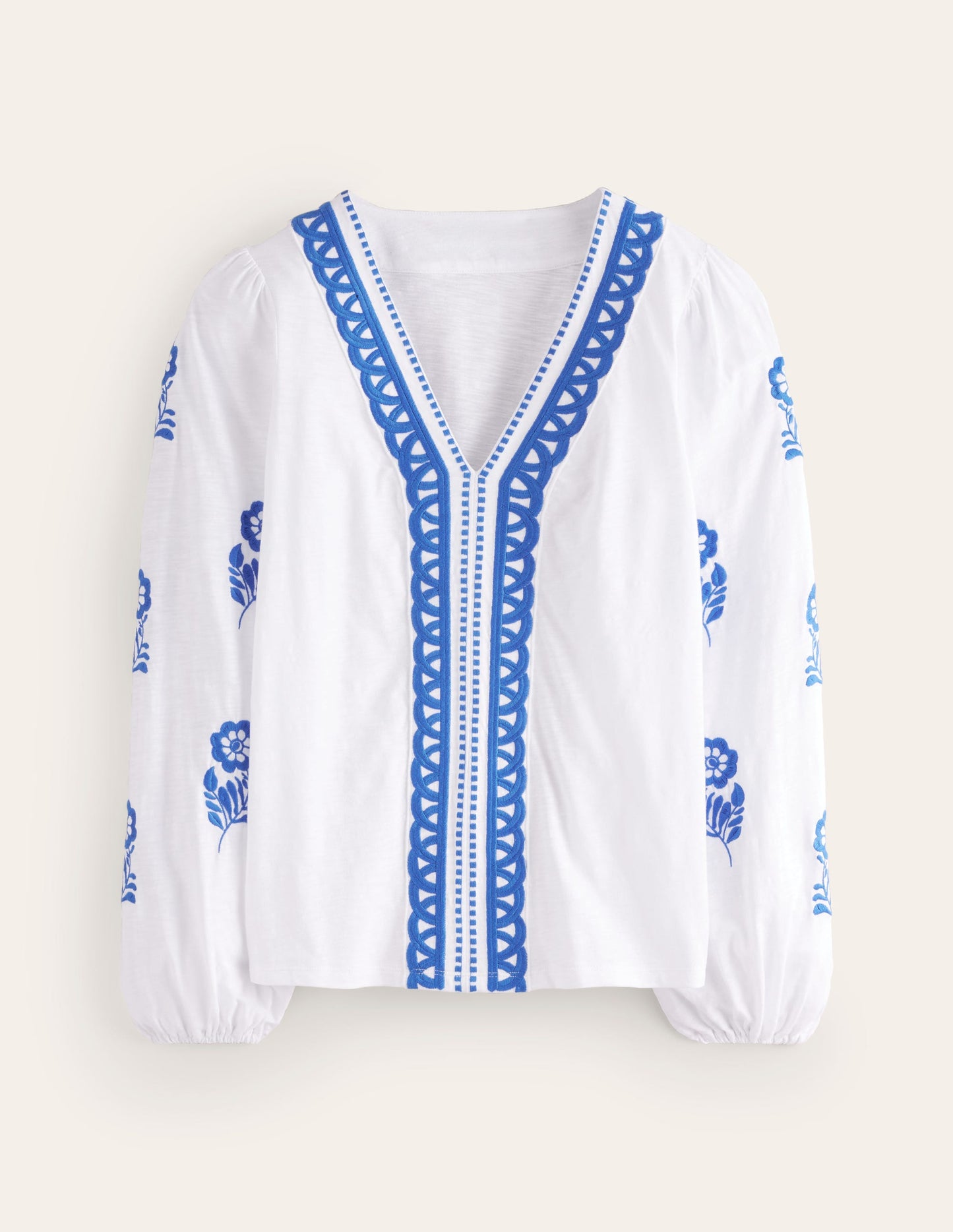 Embroidered V-Neck Top-White, Kingfisher Blue