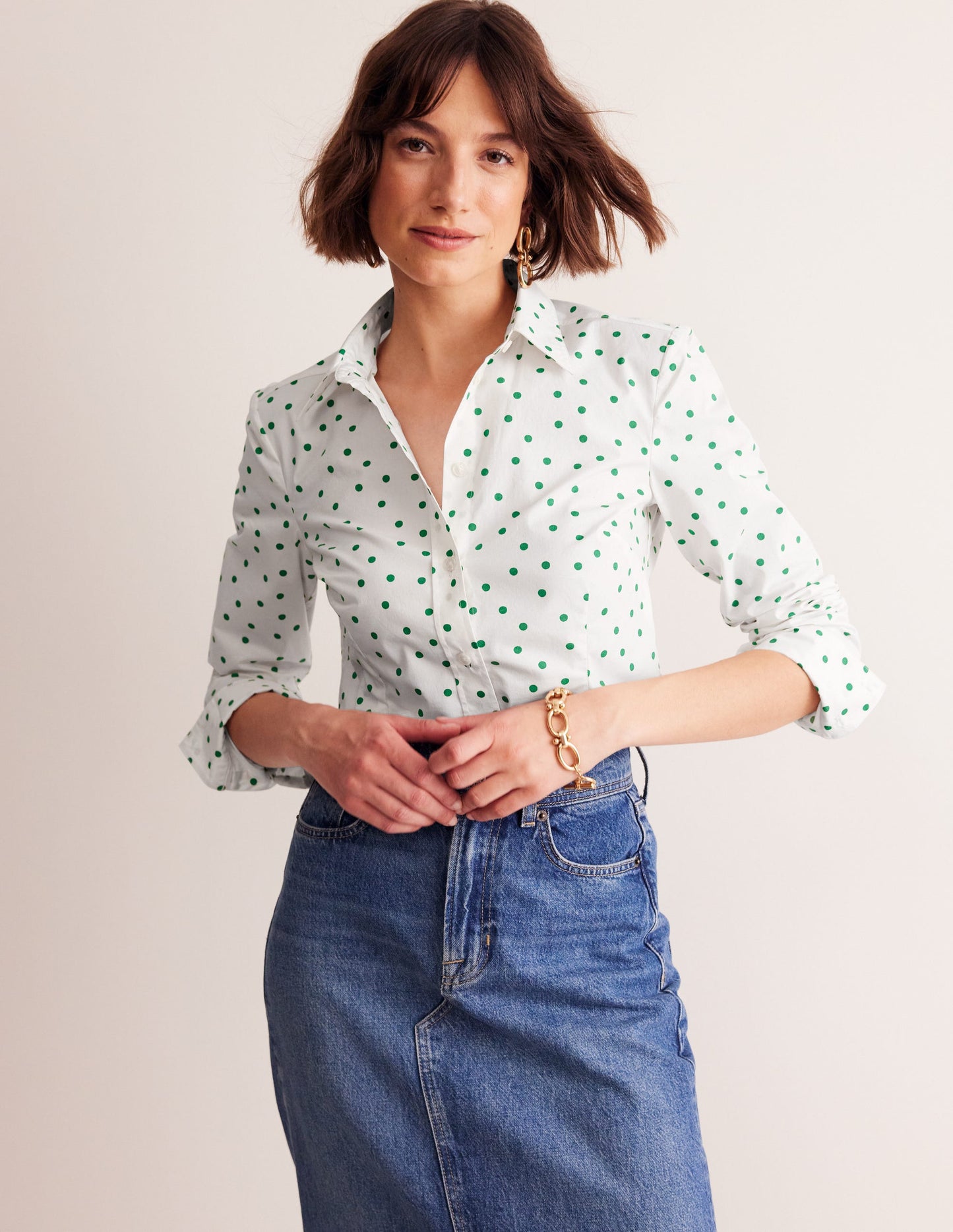 Saskia Stretch Cotton Shirt-Green Tambourine, Sparse Spot