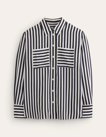 Connie Relaxed Silk Shirt-Navy Stripe