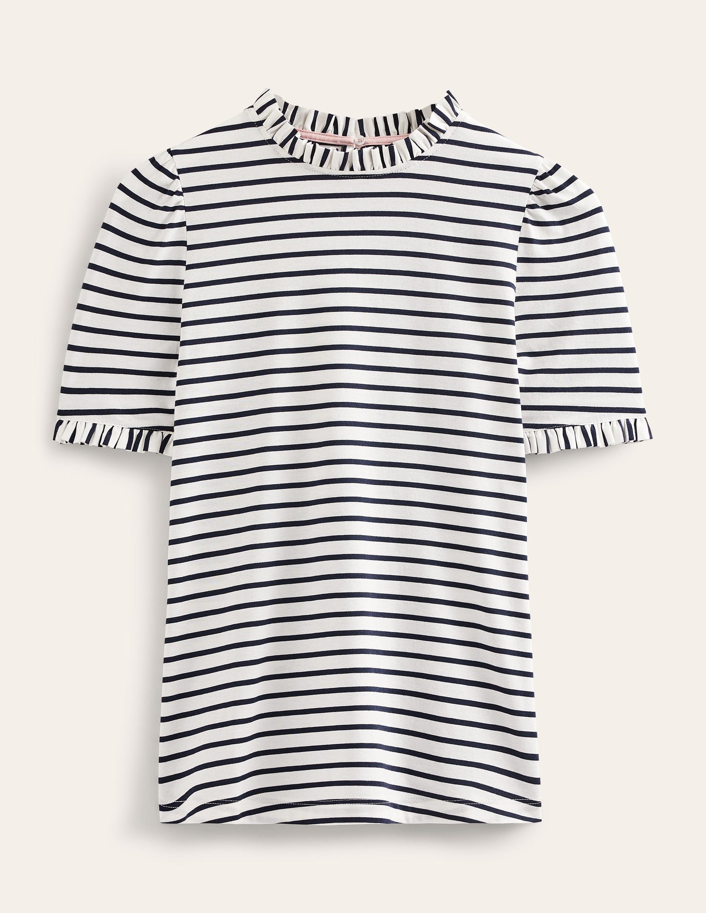 Supersoft Frill Detail T-shirt-Ivory, Navy Stripe