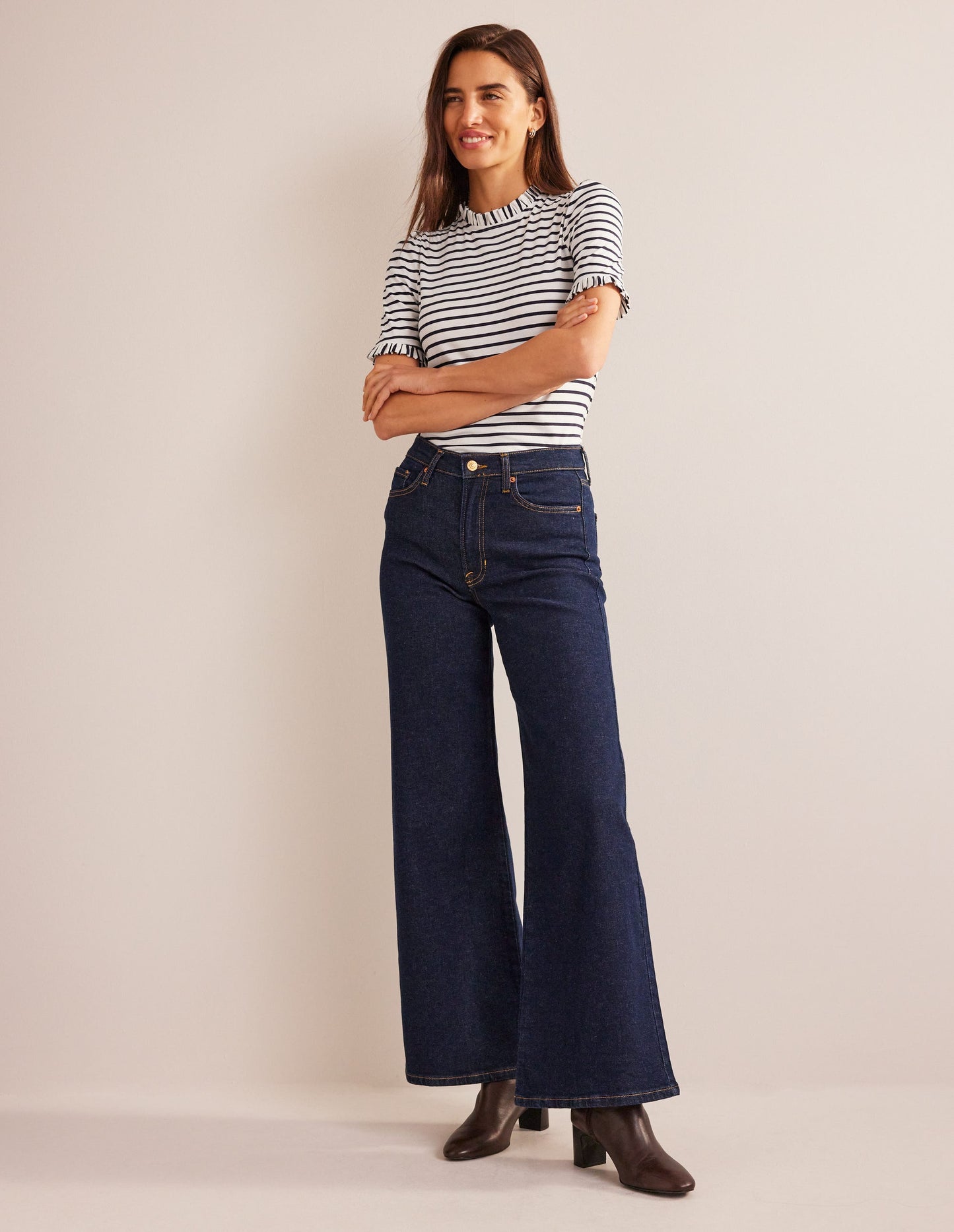 Supersoft Frill Detail T-shirt-Ivory, Navy Stripe