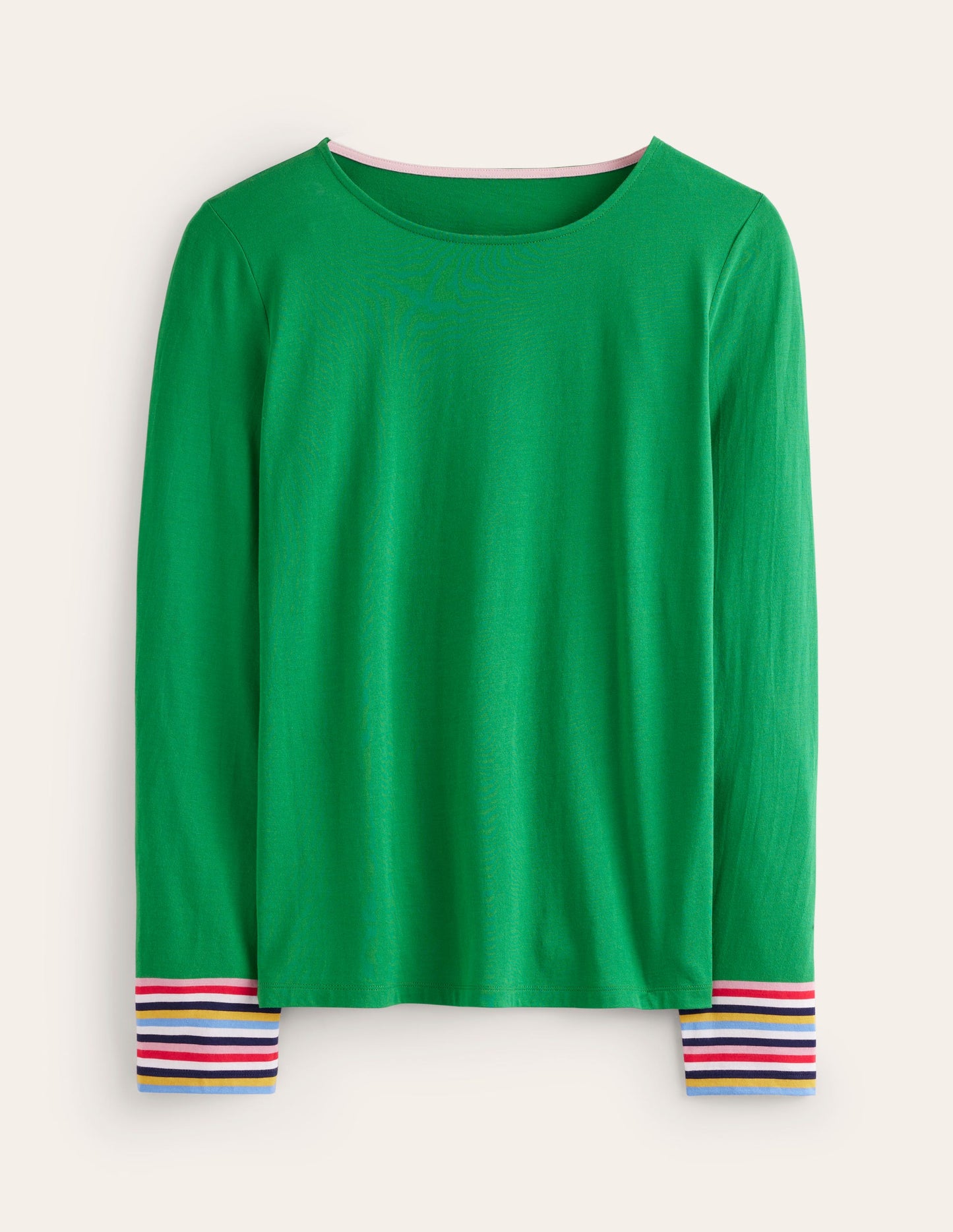 Supersoft Crew Neck Top-Green Multi Cuff Stripe