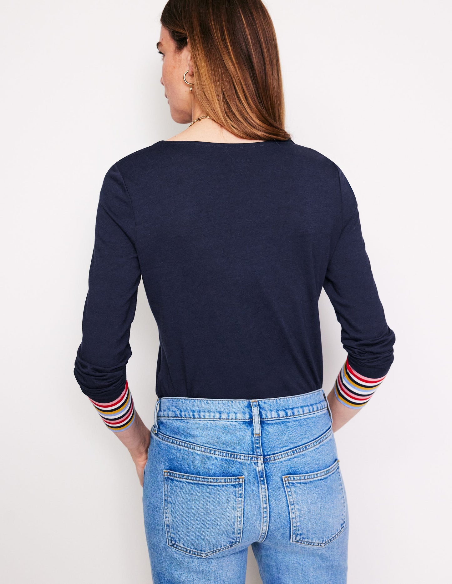 Supersoft Crew Neck Top-French Navy Multi Cuff Stripe