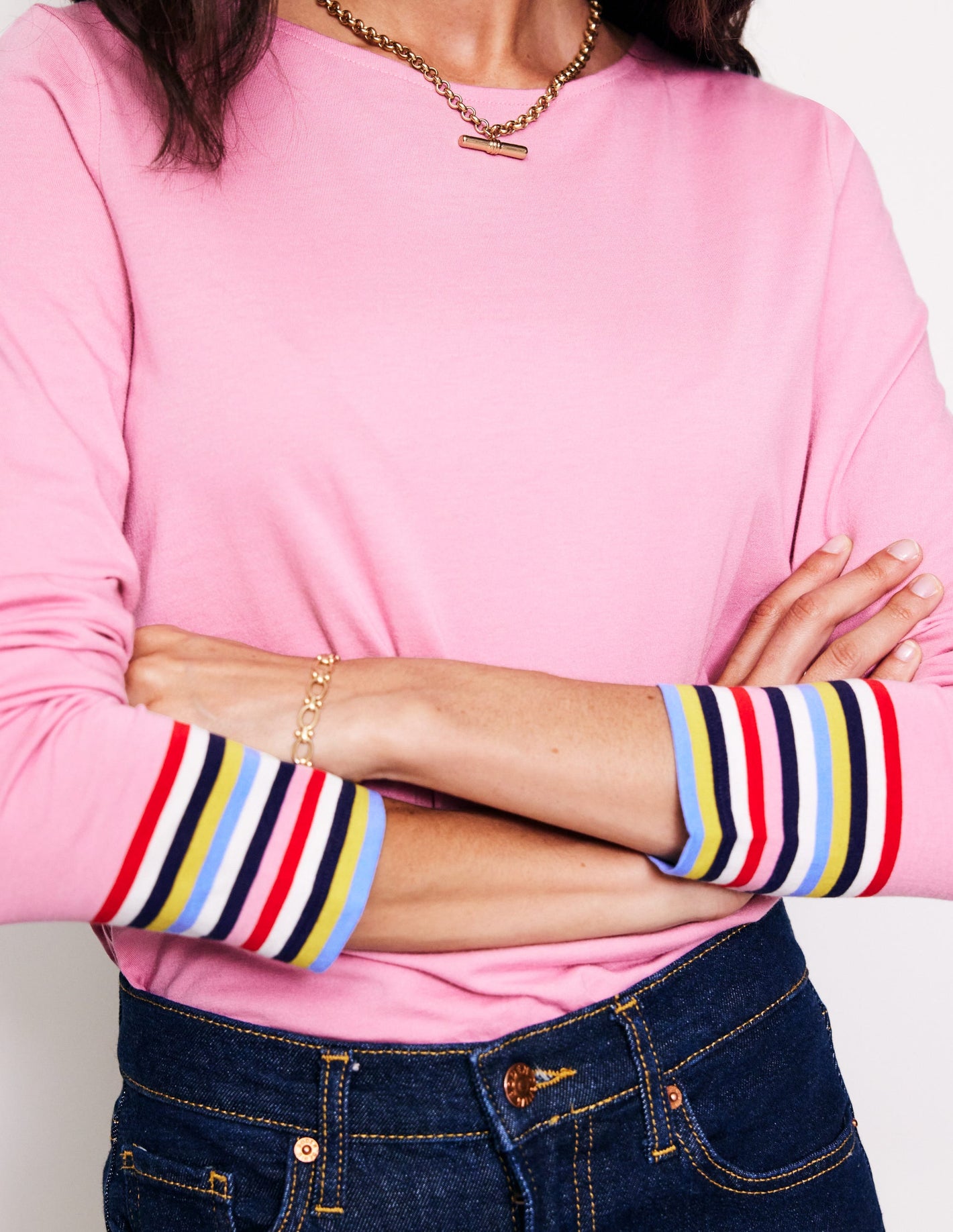 Supersoft Crew Neck Top-Orchid Pink Multi Cuff Stripe