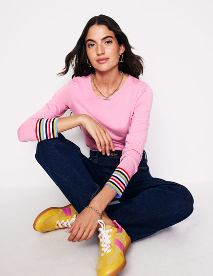 Supersoft Crew Neck Top-Orchid Pink Multi Cuff Stripe