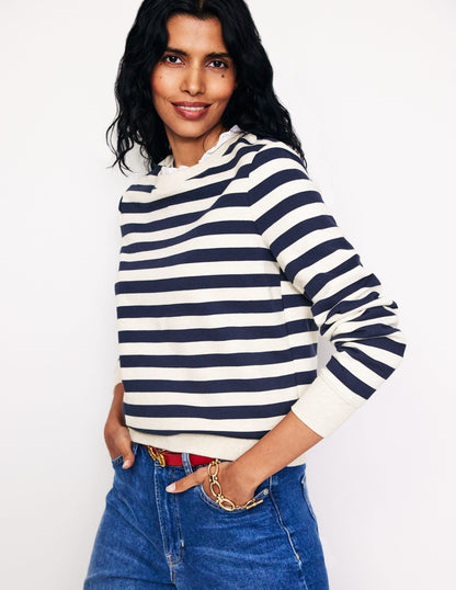 Broderie Trim Sweatshirt-Navy, Grey Marl Stripe