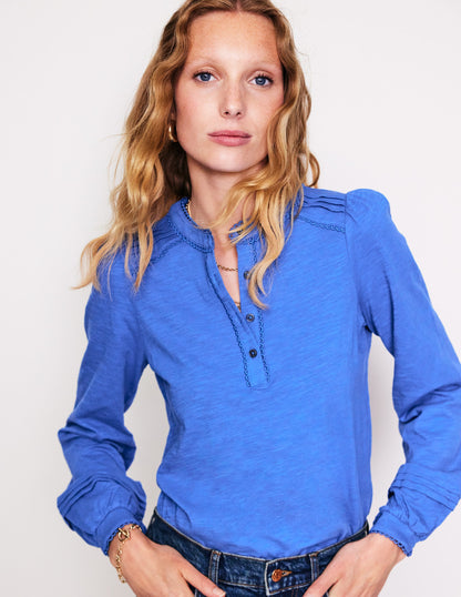 Henrietta Pintuck Henley Top-Blue Jay