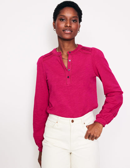 Henrietta Pintuck Henley Top-Cherry Jam