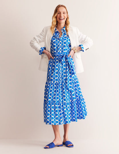 Flo Cotton Midi Shirt Dress-Indigo Bunting, Floral Tile