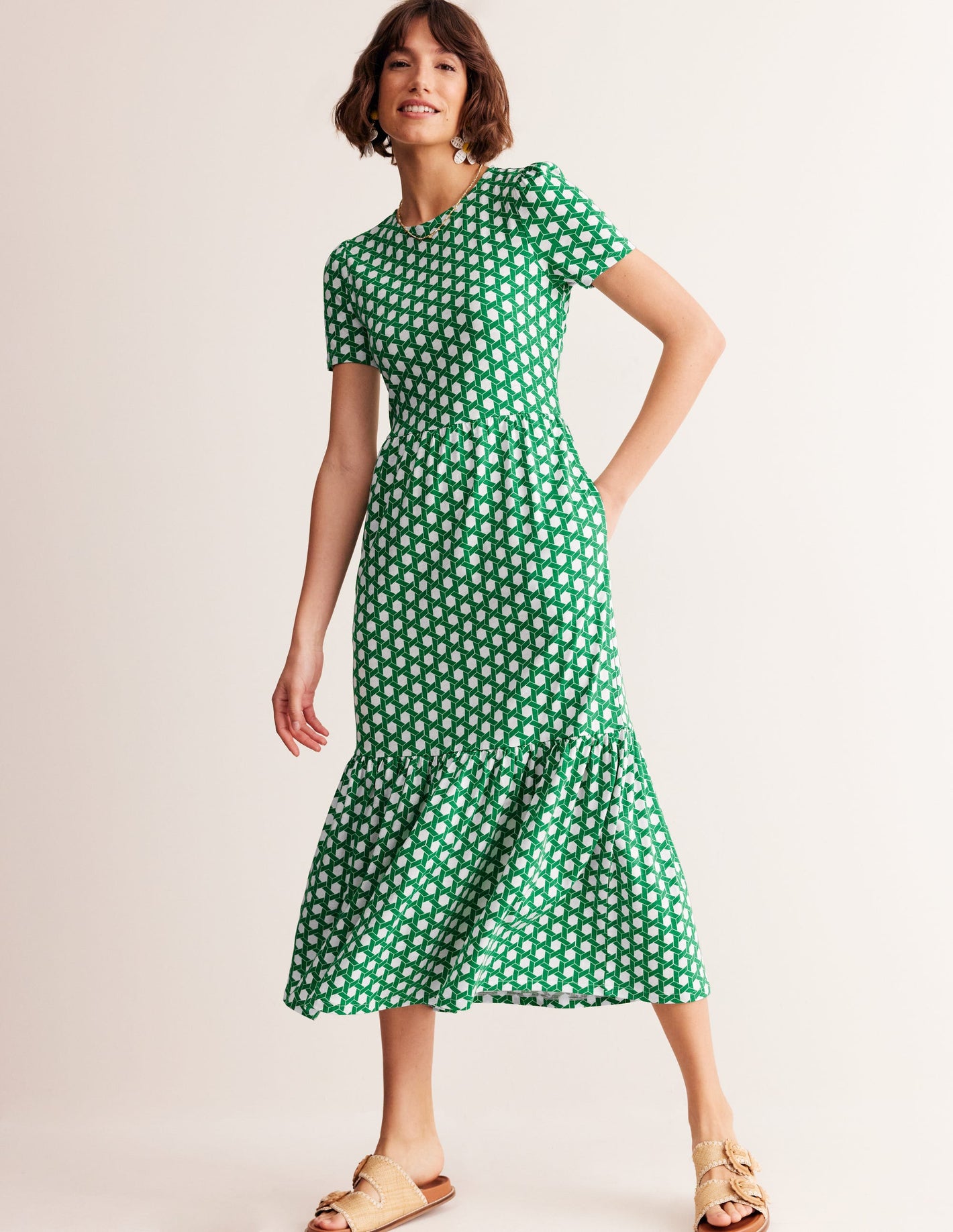 Emma Tiered Jersey Midi Dress-Green, Honeycomb Geo