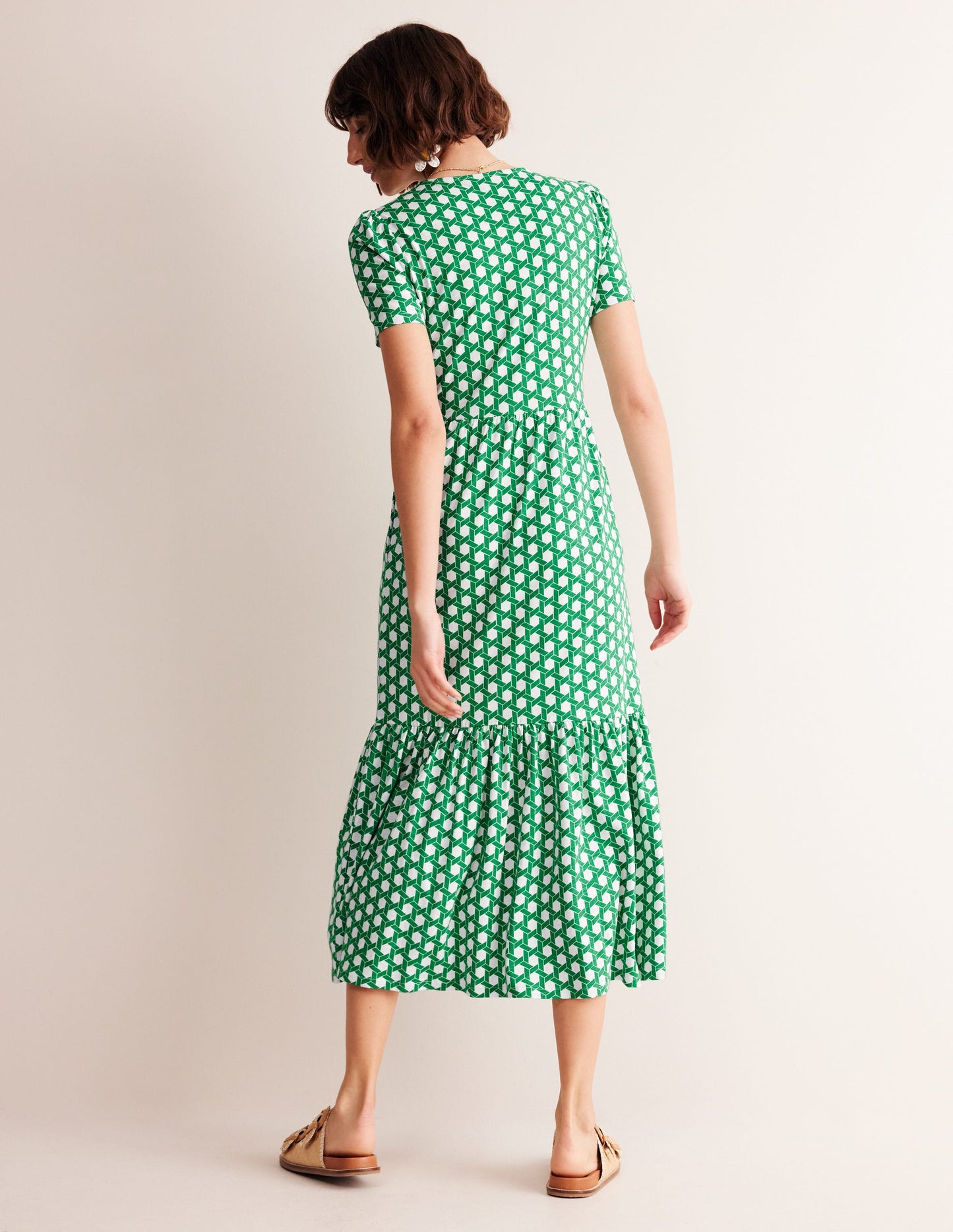 Emma Tiered Jersey Midi Dress-Green, Honeycomb Geo