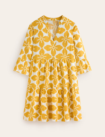 Sophia Linen Short Dress-Ceylon Yellow, Floral Tile