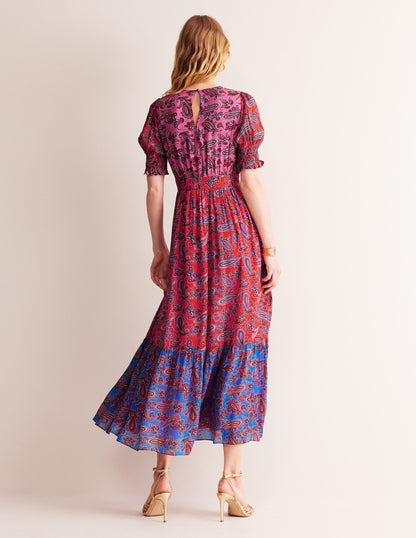 Smocked Cuff Maxi Dress-Sangria Sunset, Paisley Wave