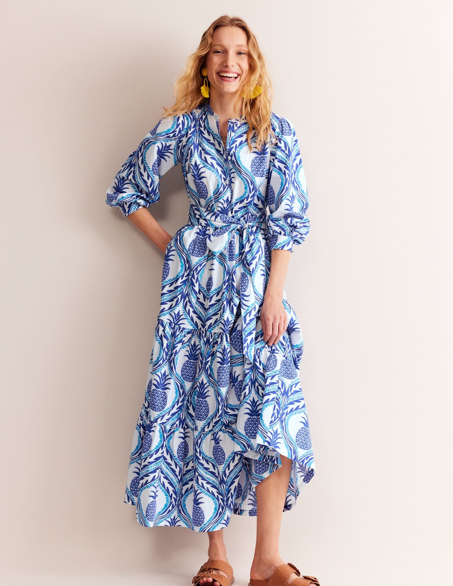 Alba Tiered Cotton Maxi Dress-Surf The Web, Pineapple Wave