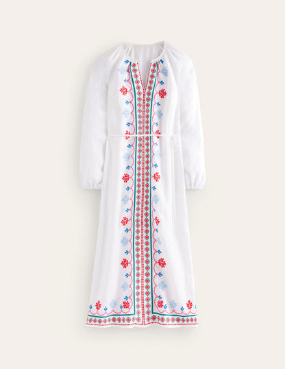 Embroidered Belted Linen Dress-White, Multi