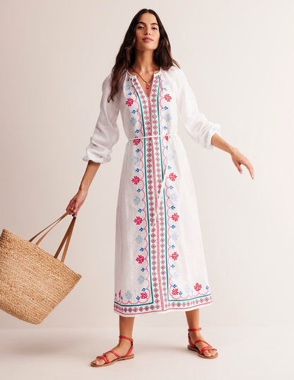 Embroidered Belted Linen Dress-White, Multi