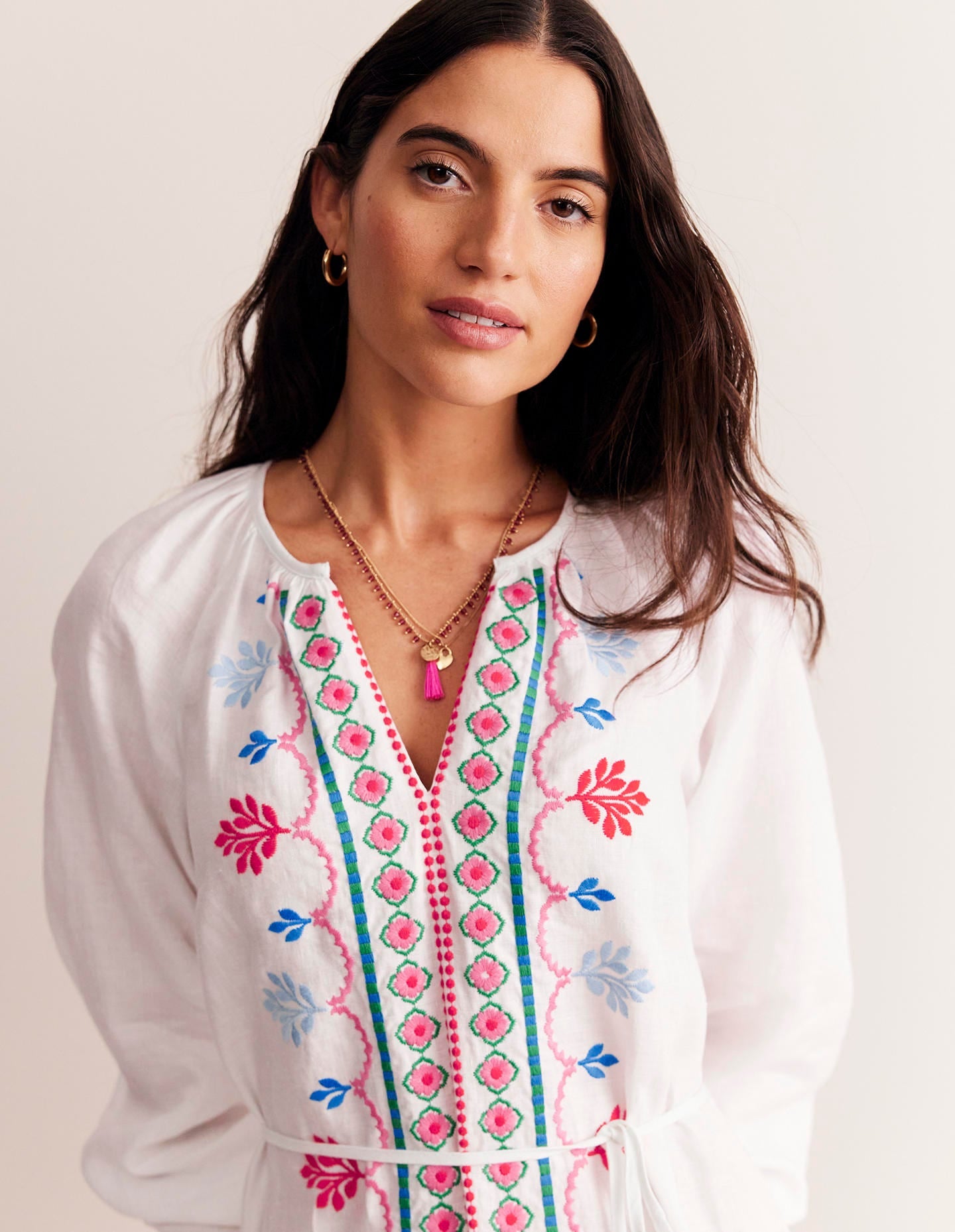 Embroidered Belted Linen Dress-White, Multi