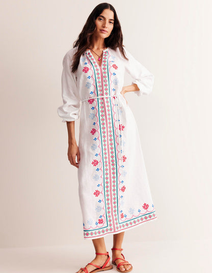 Embroidered Belted Linen Dress-White, Multi