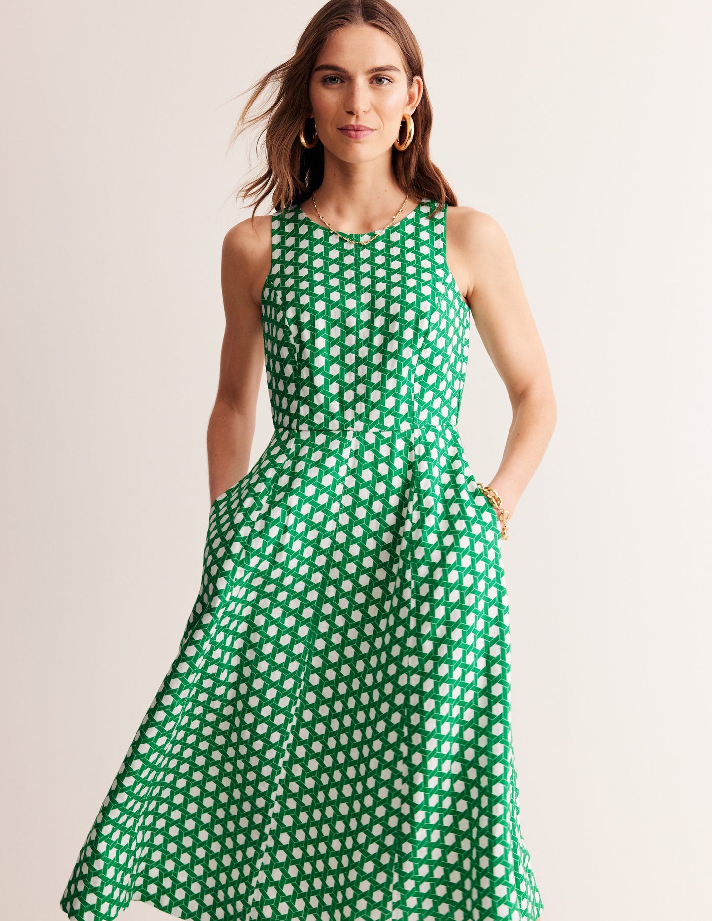 Carla Linen Midi Dress-Green Tambourine, Geo