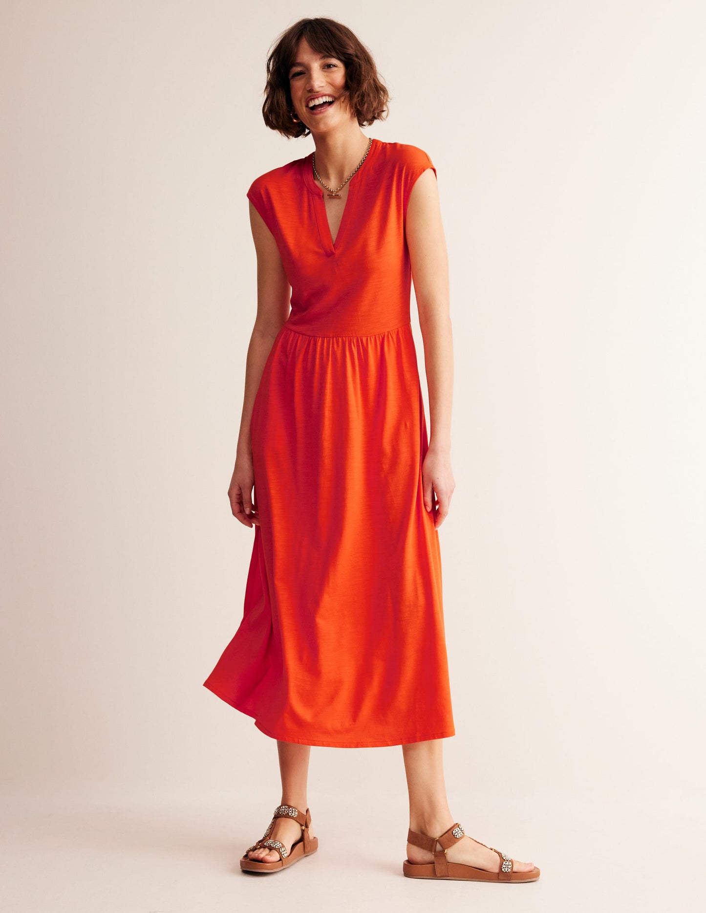 Chloe Notch Jersey Midi Dress-Mandarin Orange