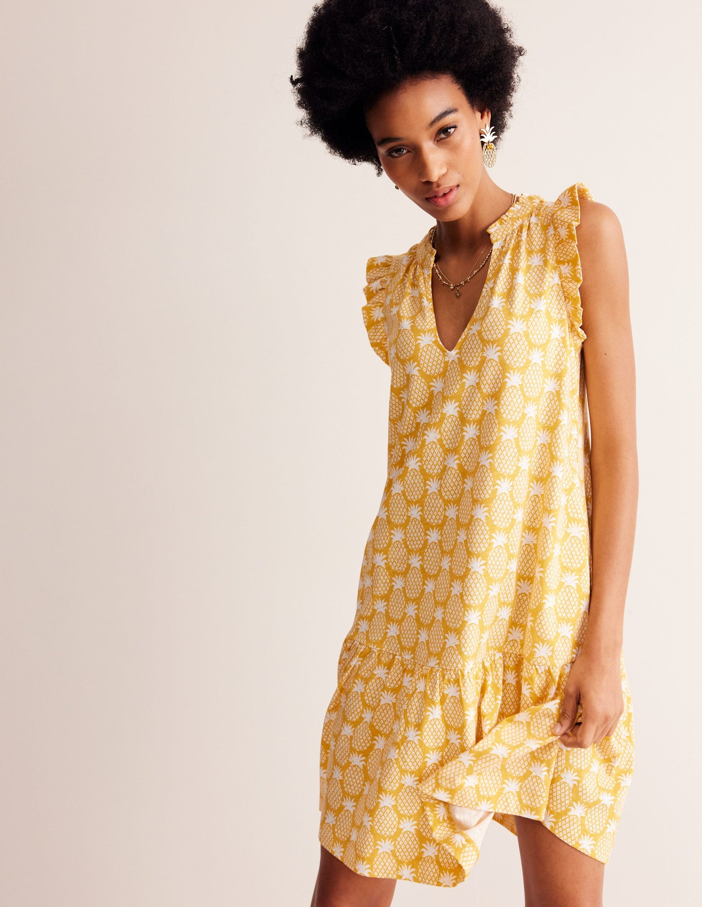 Daisy Jersey Short Tier Dress-Ceylon Yellow, Pineapple Geo