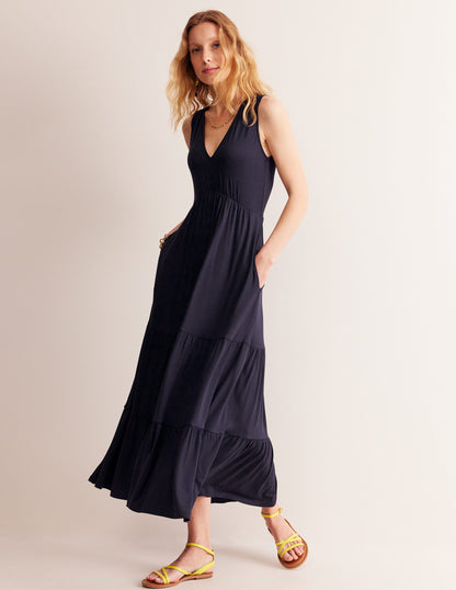 Sylvia Jersey Maxi Tier Dress-Navy