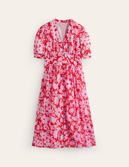 Elsa Crinkle Midi Tea Dress-Flame Scarlet, Tulip Garden