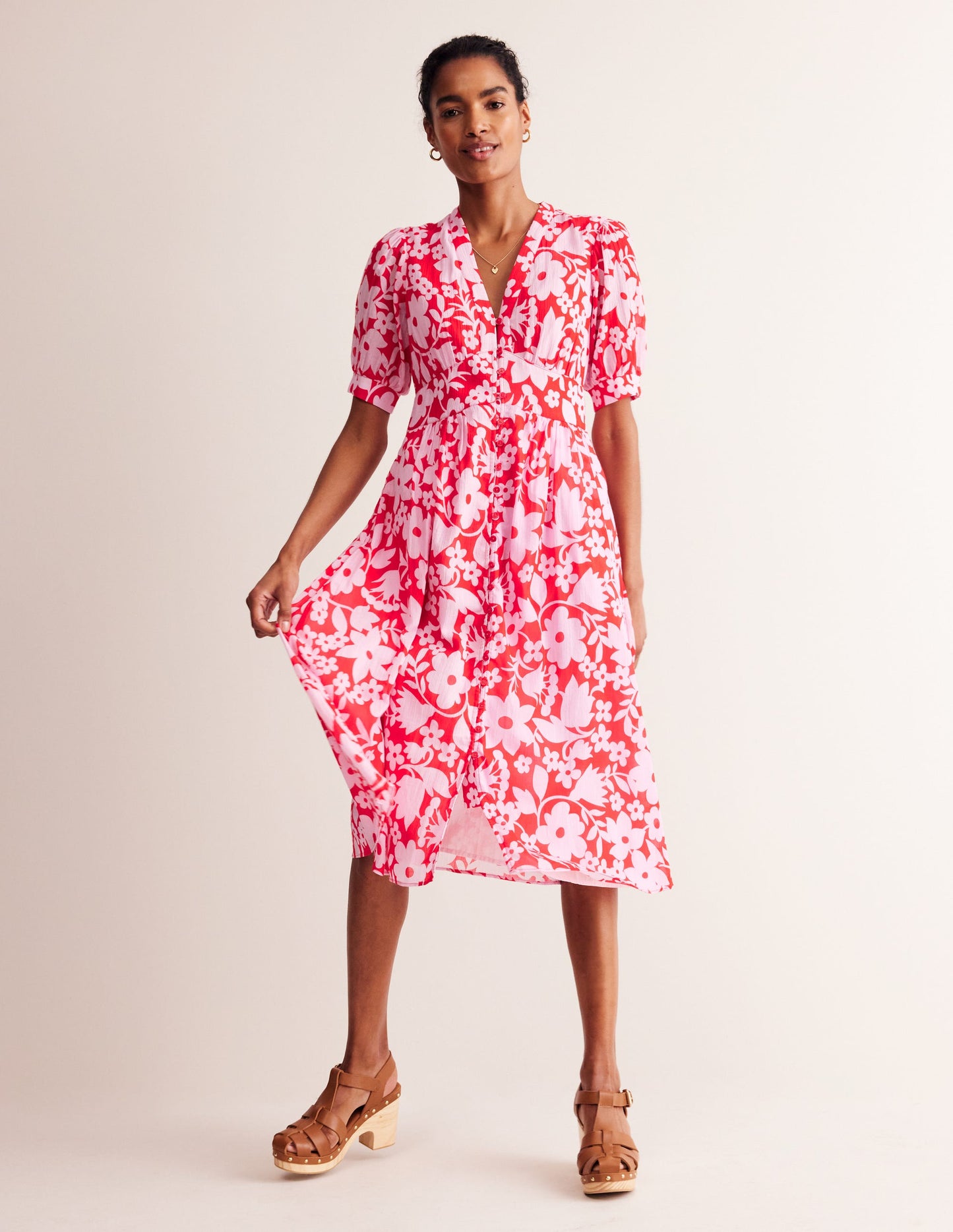 Elsa Crinkle Midi Tea Dress-Flame Scarlet, Tulip Garden