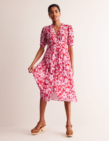 Elsa Crinkle Midi Tea Dress-Flame Scarlet, Tulip Garden