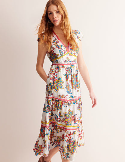 May Cotton Midi Tea Dress-Ivory, Dahlia Bloom