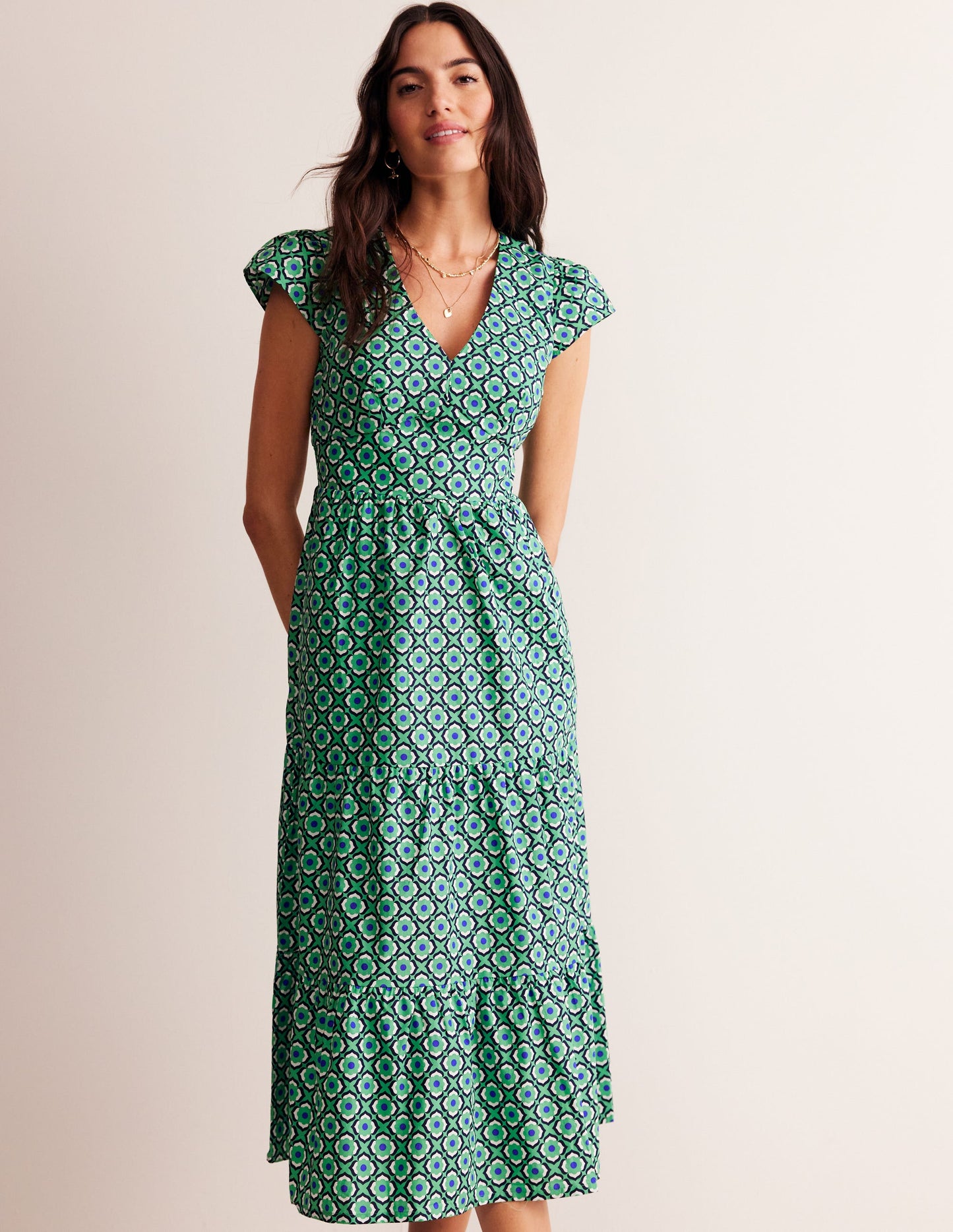 May Cotton Midi Tea Dress-Ming Green, Geo Pome