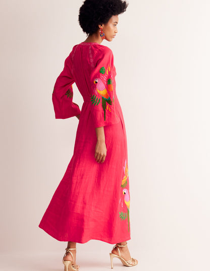 Una Linen Embroidered Dress-Hibiscus