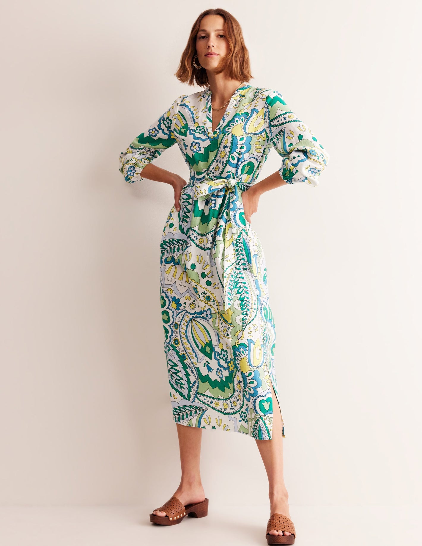 Linen Maxi Notch Neck Dress-Emerald, Foliage Paisley