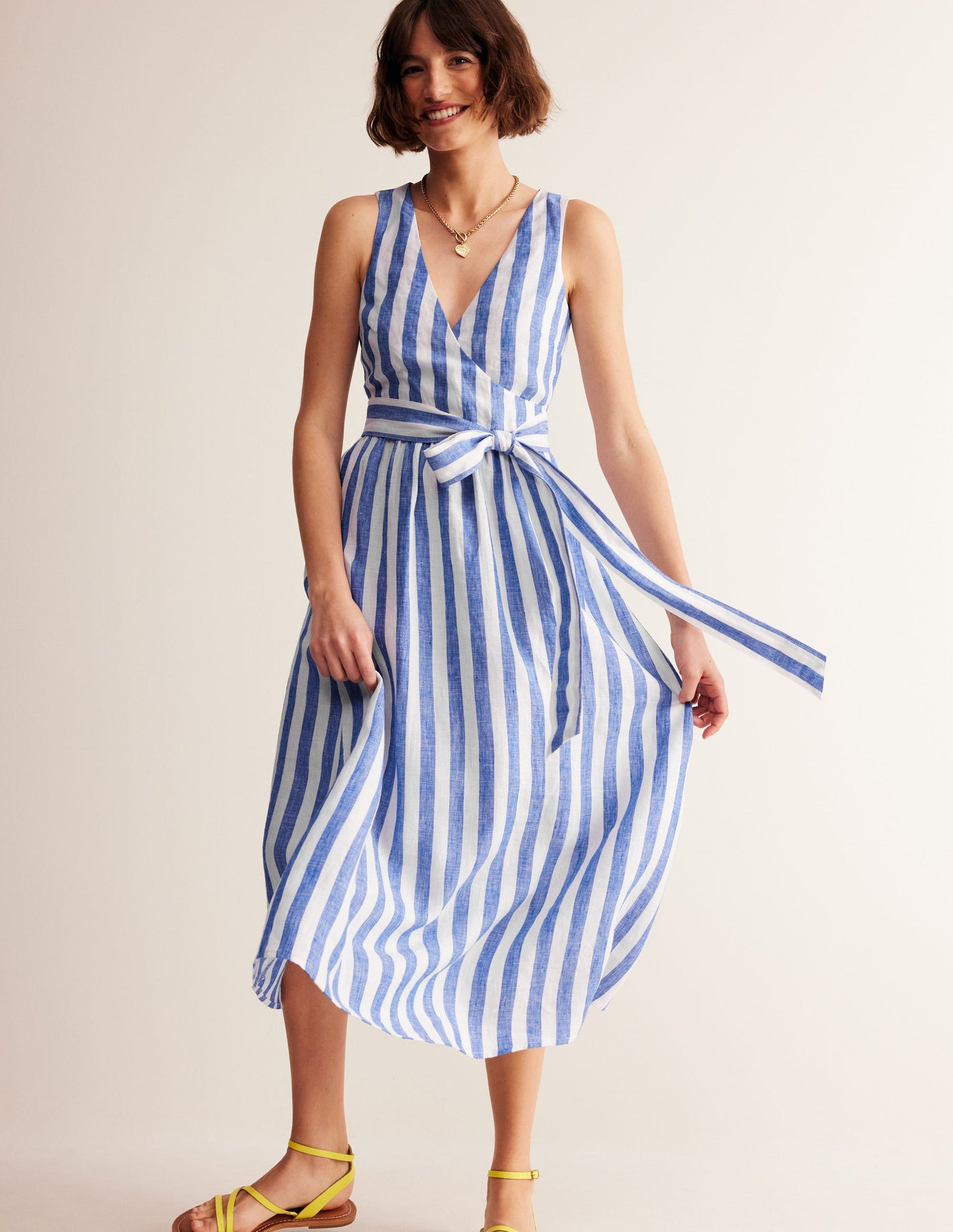 Linen Wrap Midi Dress-Surf The Web and Ivory