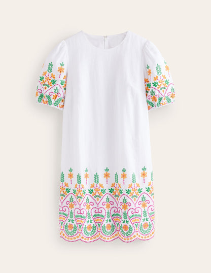 Broderie Linen Shift Dress-White