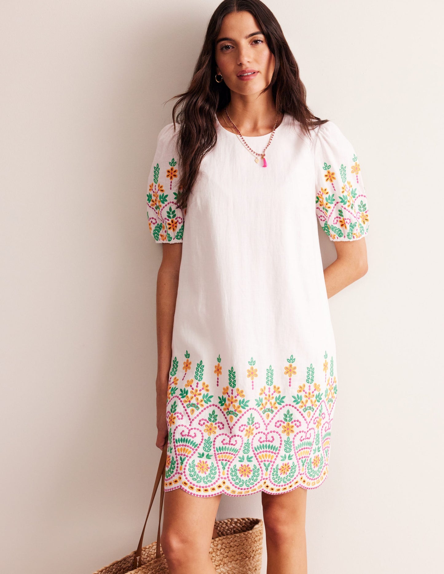 Broderie Linen Shift Dress-White