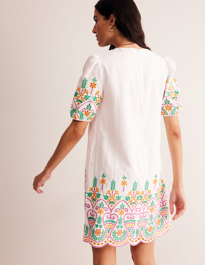 Broderie Linen Shift Dress-White