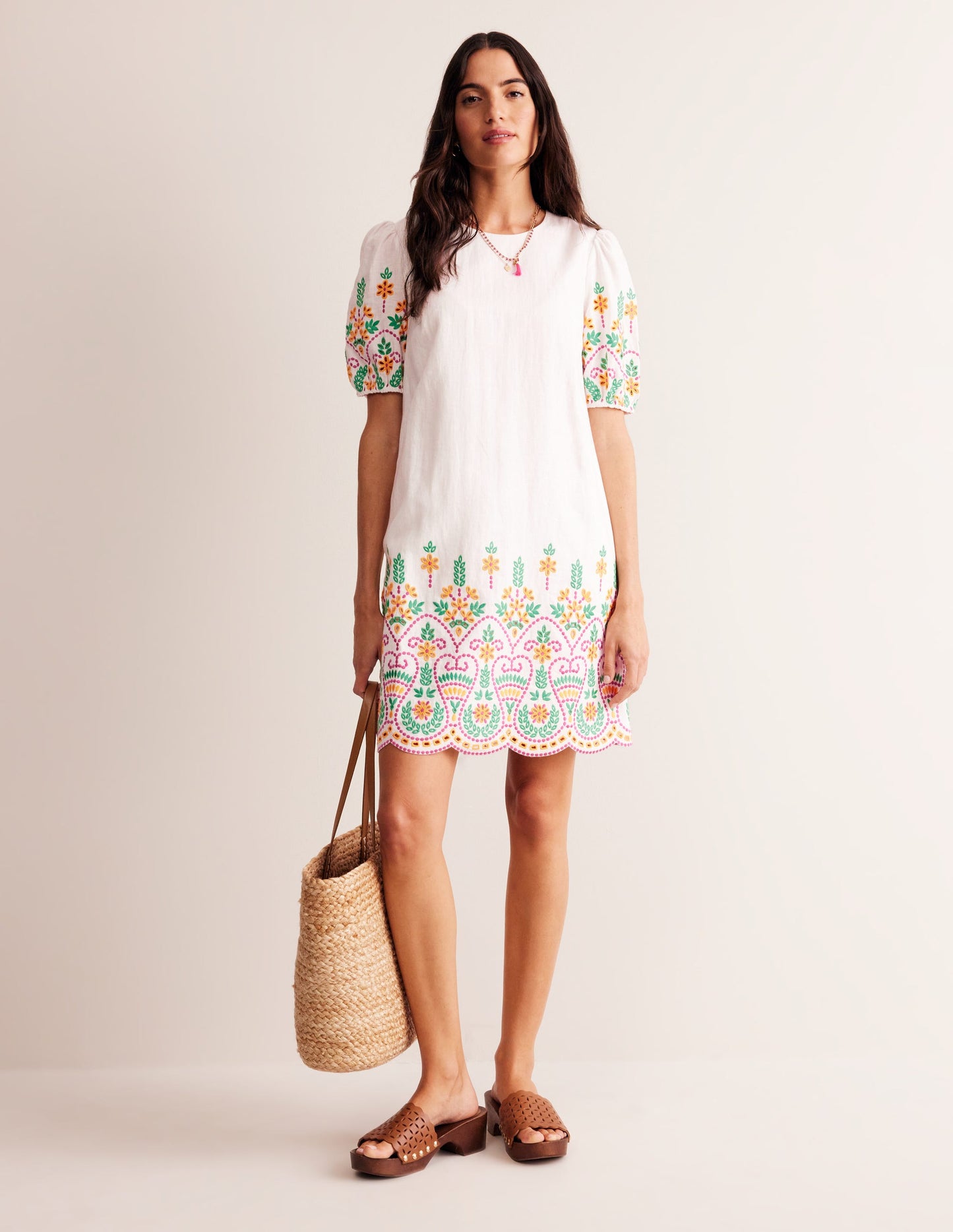 Broderie Linen Shift Dress-White