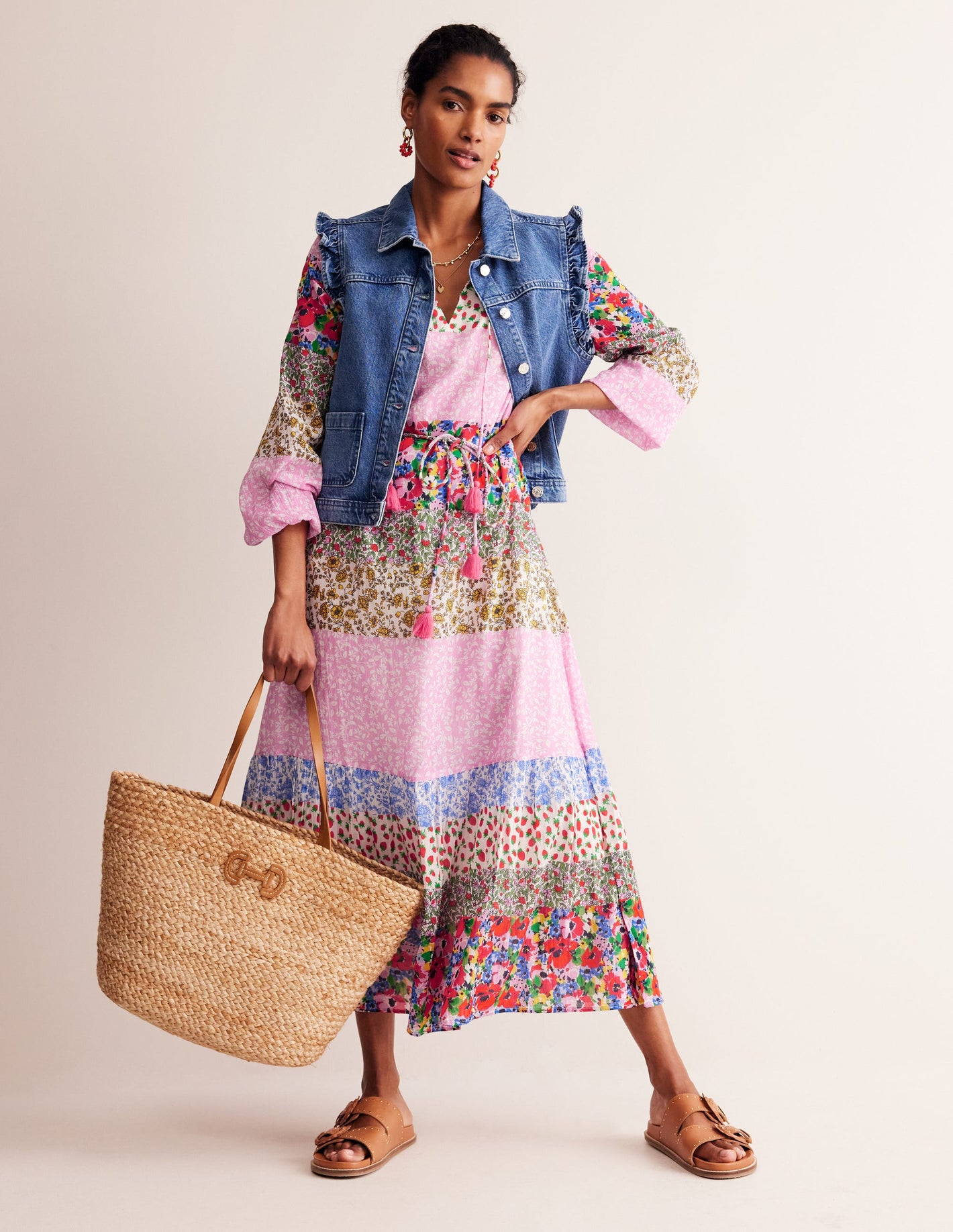 Hotched Blouson Maxi Dress-Multi, Patchwork Bloom