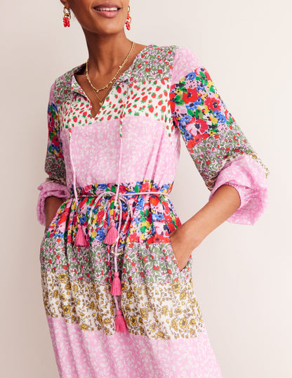 Hotched Blouson Maxi Dress-Multi, Patchwork Bloom