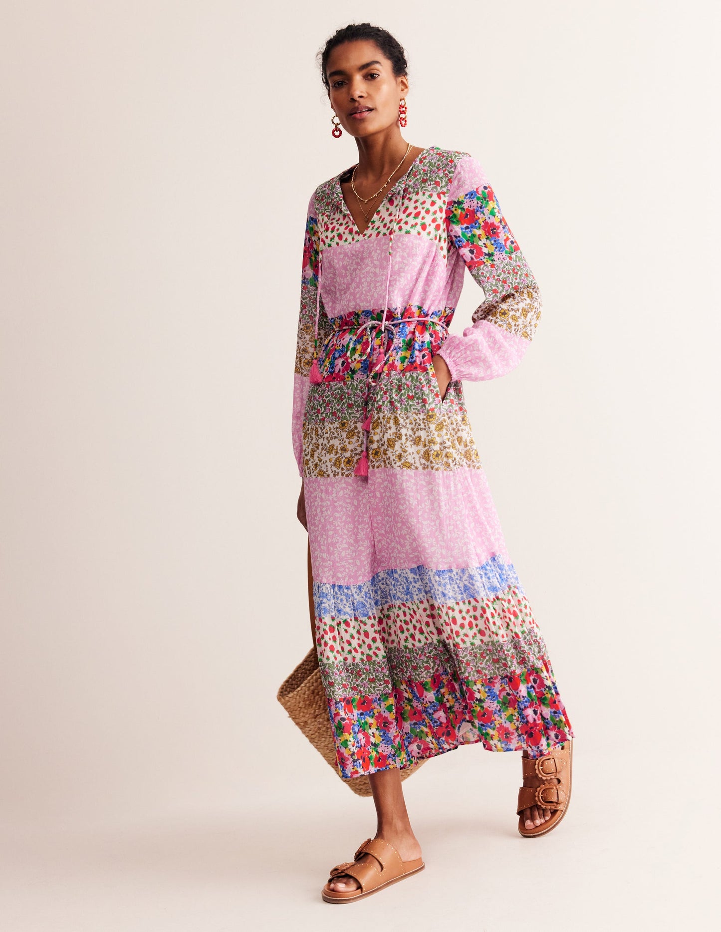 Hotched Blouson Maxi Dress-Multi, Patchwork Bloom