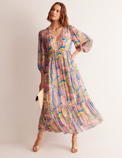 V Neck Puff Maxi Dress-Multi, Foliage Paisley