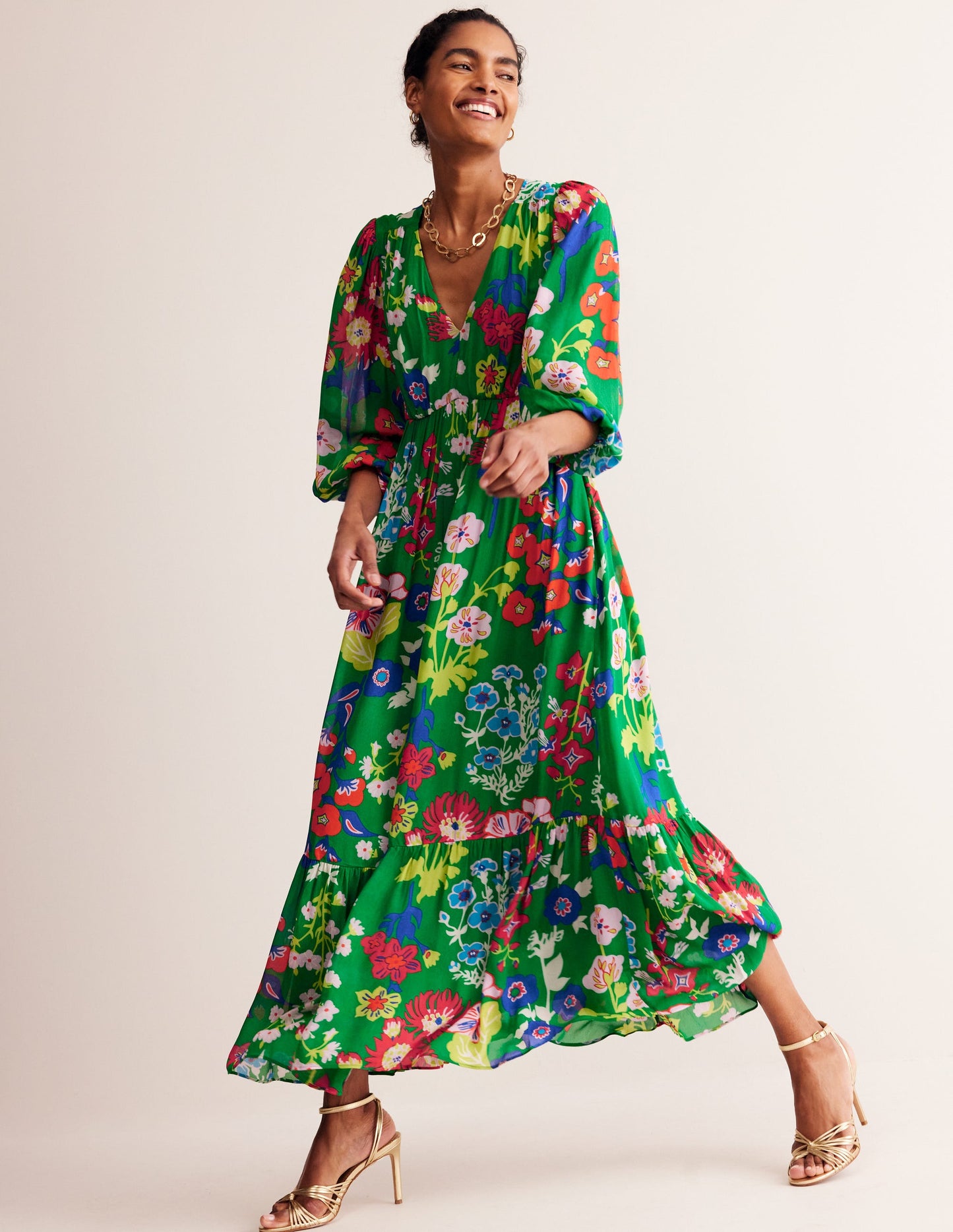 V Neck Puff Maxi Dress-Green Tambourine, Wild Flower